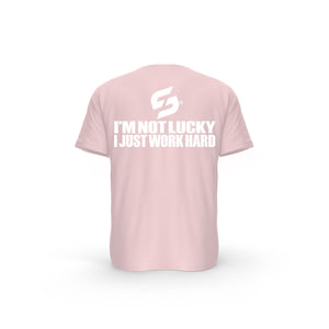 STRONG WORK SHORT SLEEVE T-SHIRT IN ORGANIC COTTON "I'M NOT LUCKY I JUST WORK HARD" FOR WOMEN - COTTON PINK BACK VIEW