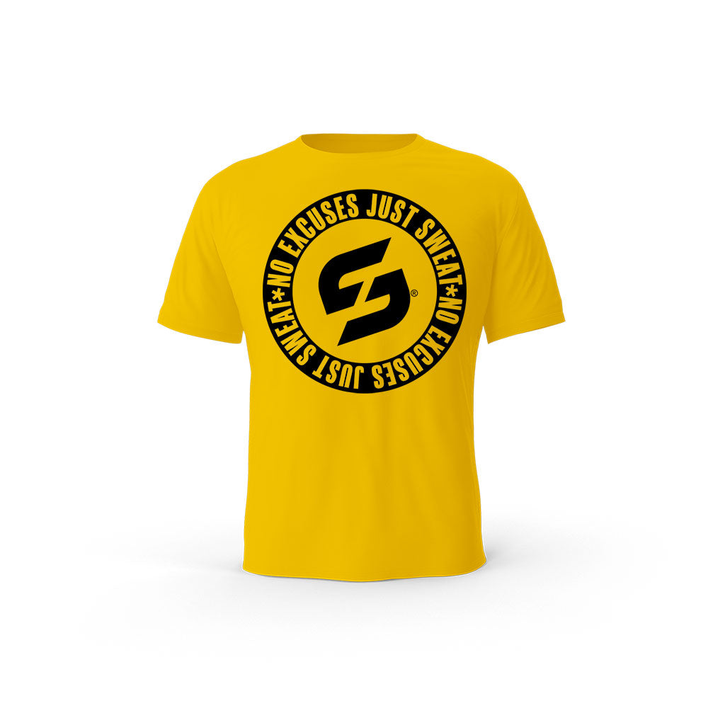 Strong Work No excuses just sweat Black Edition organic cotton short sleeve T-shirt for men - SPECTRA YELLOW