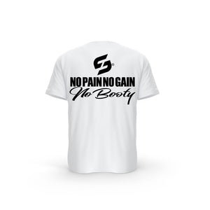 STRONG WORK SHORT SLEEVE T-SHIRT IN ORGANIC COTTON "NO PAIN NO GAIN NO BOOTY" FOR WOMEN - WHITE BACK VIEW