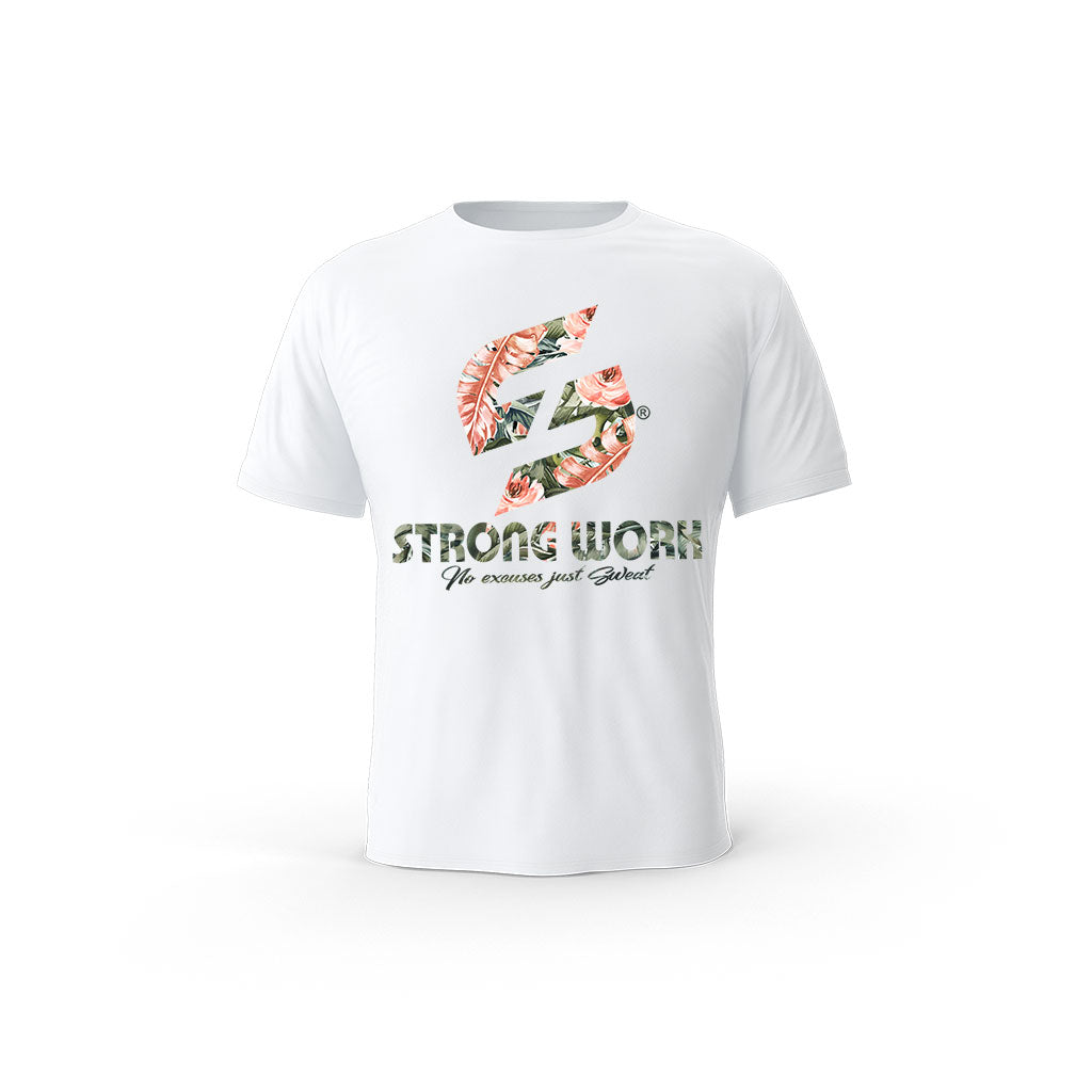Strong Work Flowers Edition organic cotton T-shirt for men - ORGANIC SPORTSWEAR - WHITE T-SHIRT