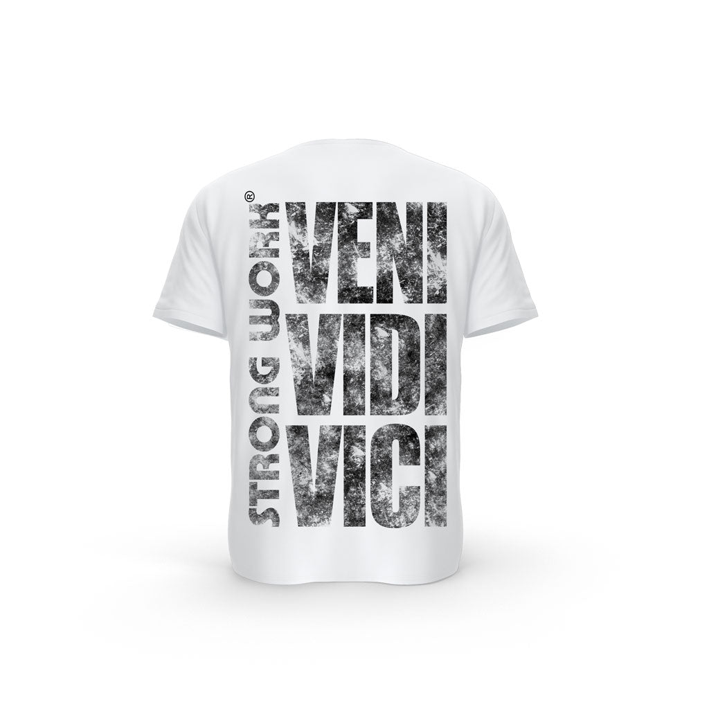 STRONG WORK SHORT SLEEVE T-SHIRT IN ORGANIC COTTON "GRUNGE/VENI VIDI VICI" FOR WOMEN - WHITE BACK VIEW