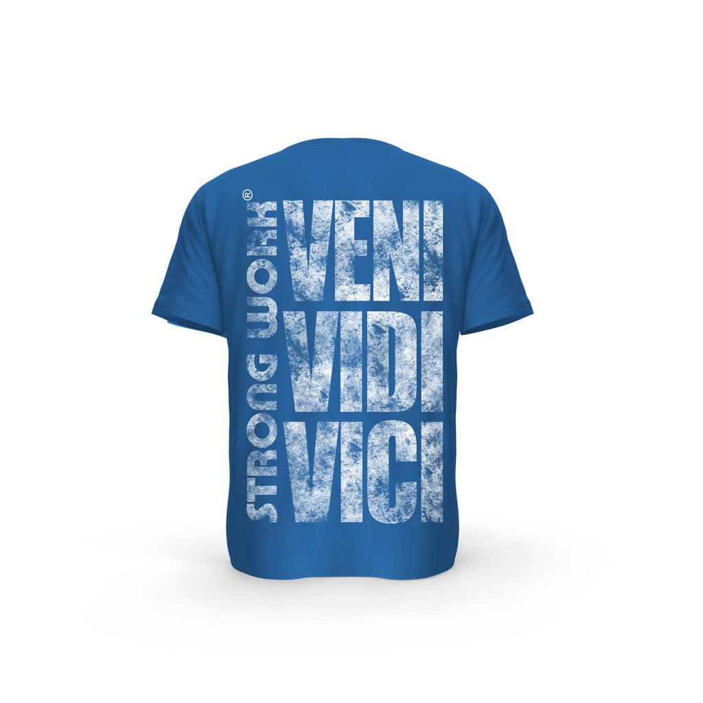 STRONG WORK SHORT SLEEVE T-SHIRT IN ORGANIC COTTON "GRUNGE/VENI VIDI VICI" FOR MEN - ROYAL BLUE BACK VIEW