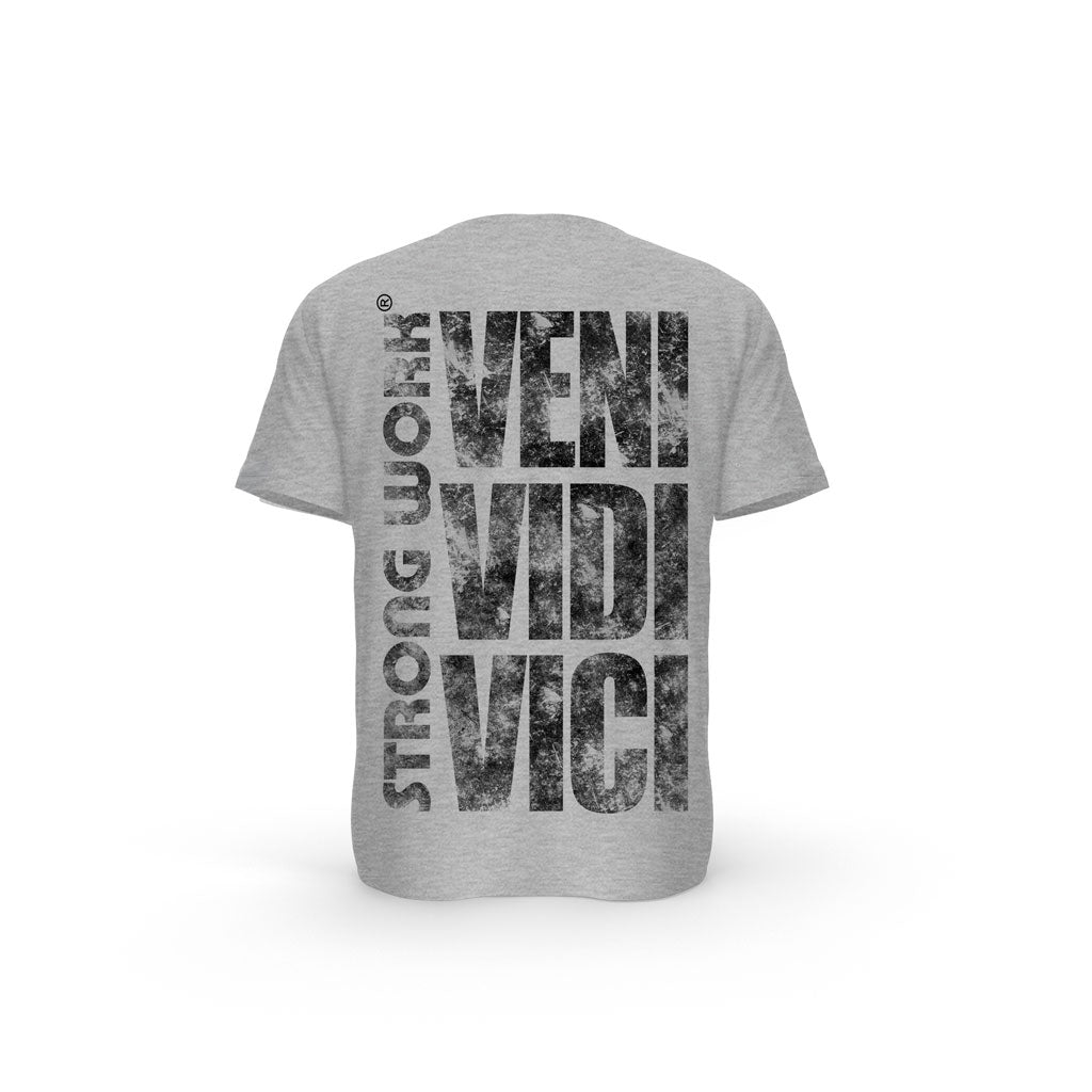 STRONG WORK SHORT SLEEVE T-SHIRT IN ORGANIC COTTON "GRUNGE/VENI VIDI VICI" FOR WOMEN - HEATHER GREY BACK VIEW